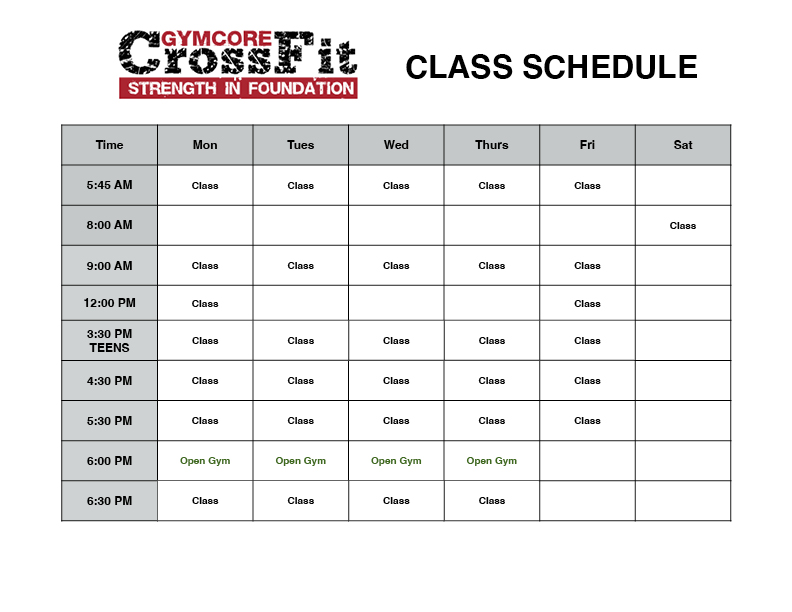 GymCore Spring Schedule 2013